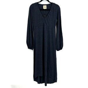 NWT CHASER Heather Navy Blue V-Neck Bell Sleeve High Low Comfy Midi Dress Medium